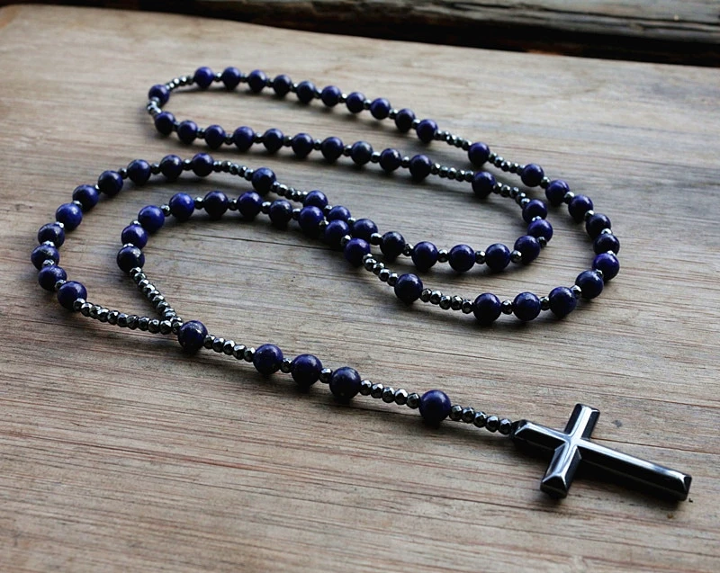 Chapelet Catholique En Lapis Lazuli Pierre Perle & Hématite Et Croix Du Christ 3 Chapelet Catholique En Lapis Lazuli Pierre Perle & Hématite Et Croix Du Christ
