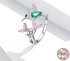 Bague Femme Colibri Fleurie Harmonie Réglable En Argent Sterling 925