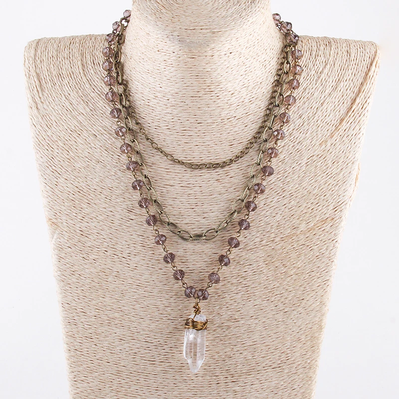 Collier Bohème 3 Couches Avec Pendentif Verre Cristal 3 Collier Bohème 3 Couches Avec Pendentif Verre Cristal