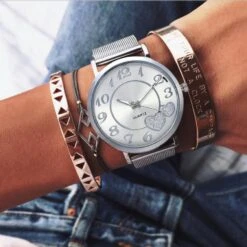 Montre Quartz Amour Harmony -Magasin D'accessoires Sélectionnés dropshipping femmes argent or maille amour coeur cadran montres quartz en acier de mode casual femmes 3